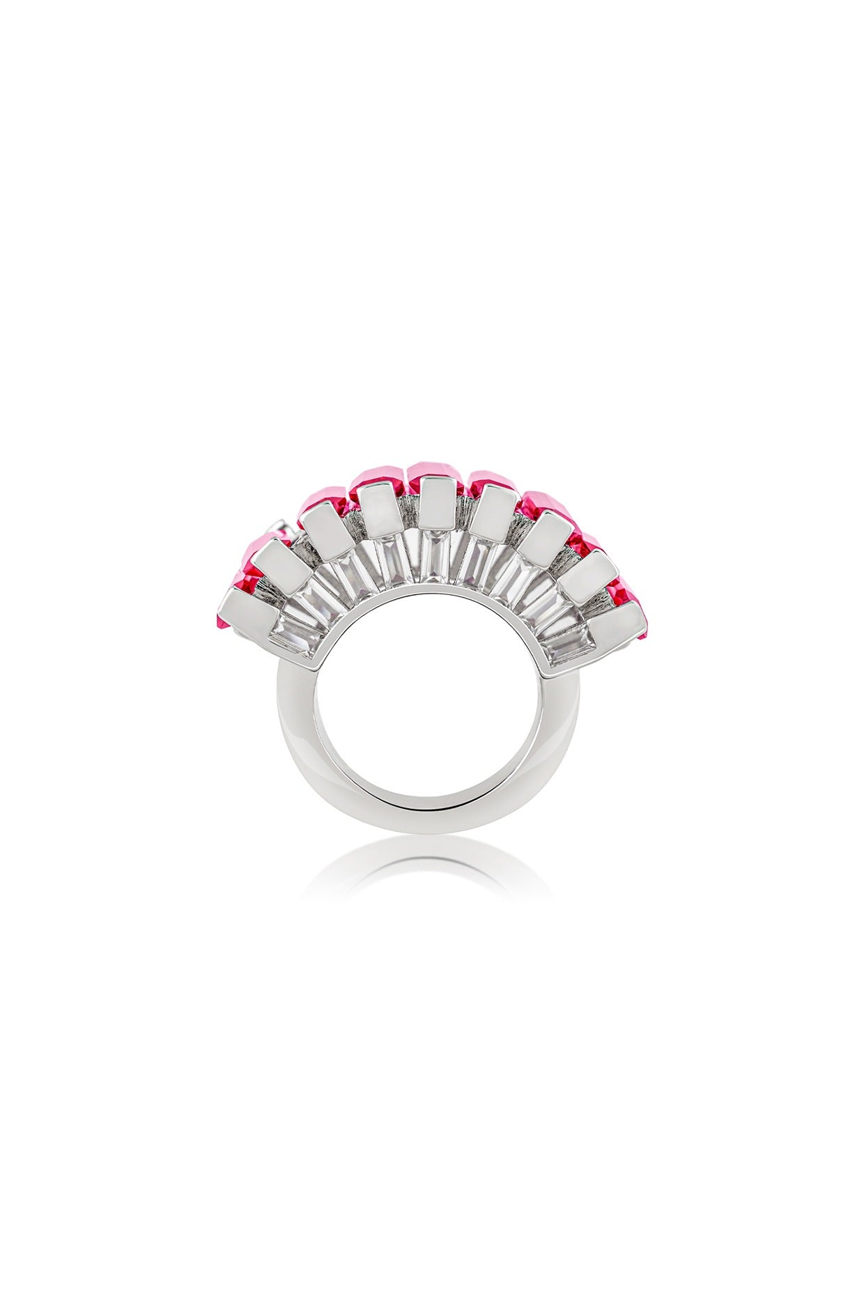 White Rhodium Finish Custom-Cut CZ & Baguette Ruby Corundum Stone Ring