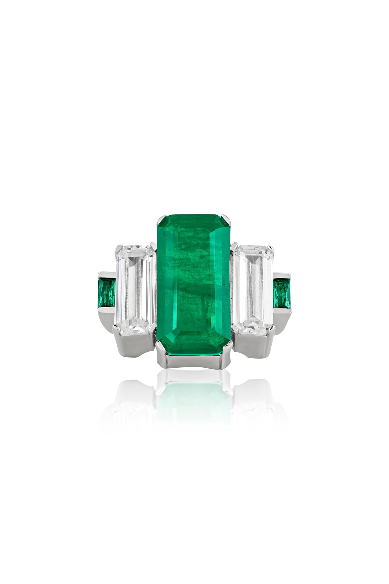 White Rhodium Finish Custom-Cut CZ & Baguette emerald Stone Ring