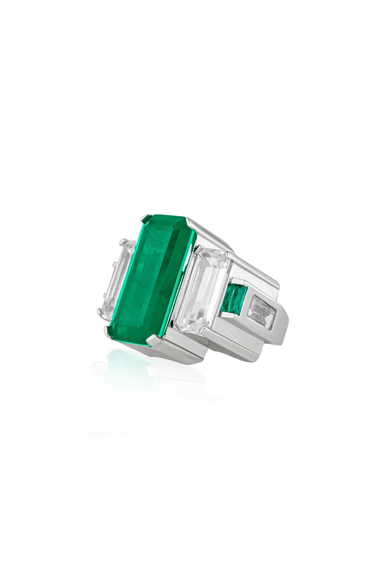 White Rhodium Finish Custom-Cut CZ & Baguette emerald Stone Ring