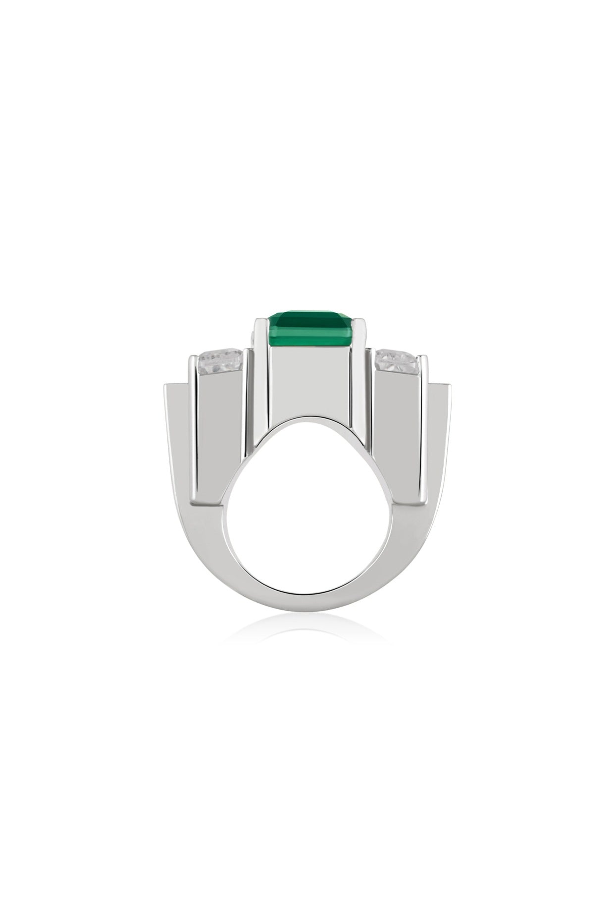 White Rhodium Finish Custom-Cut CZ & Baguette emerald Stone Ring