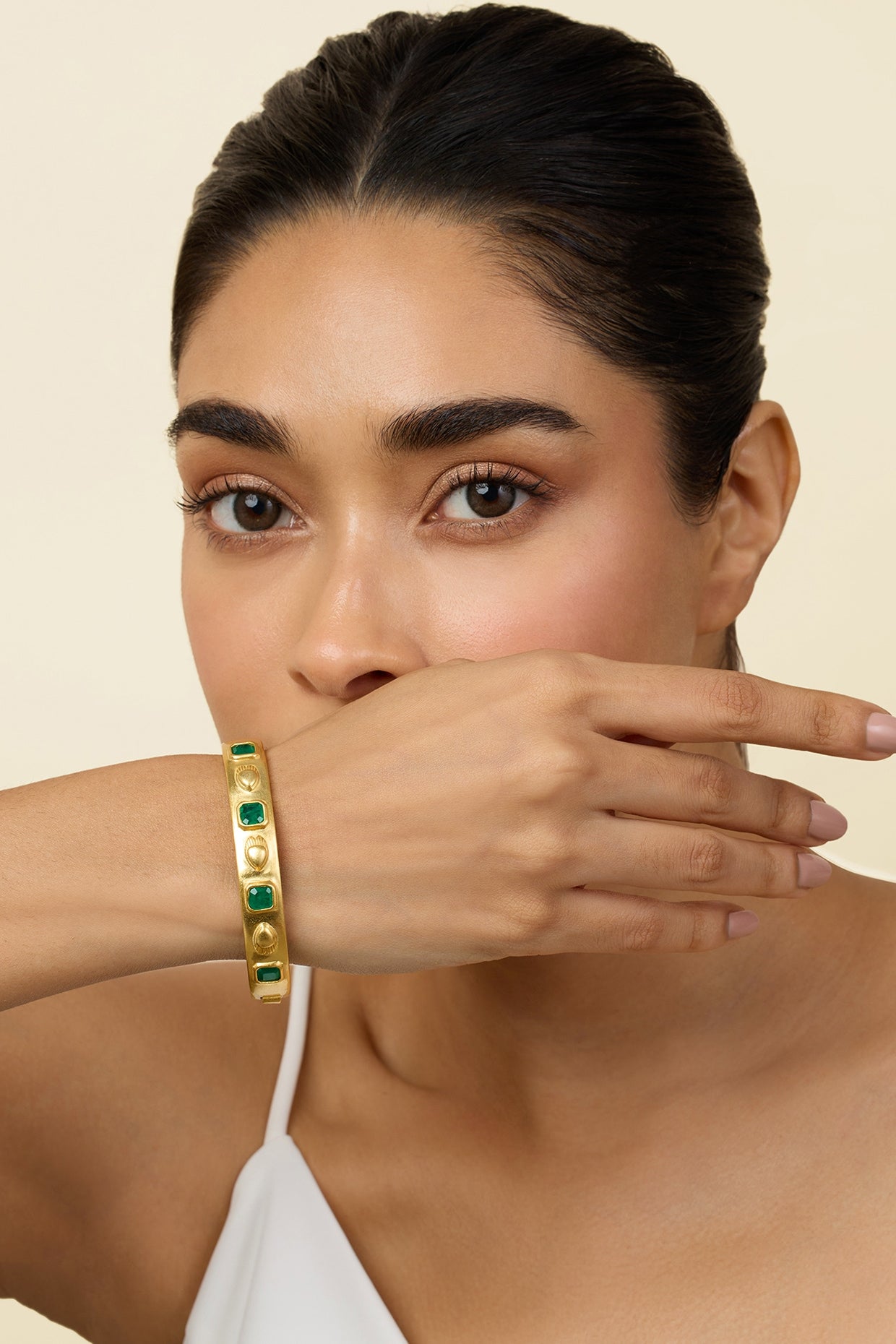 Gold Plated Emerald Oval Hinge Bangle