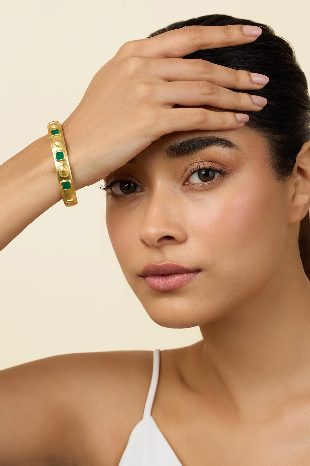 Gold Plated Emerald Oval Hinge Bangle