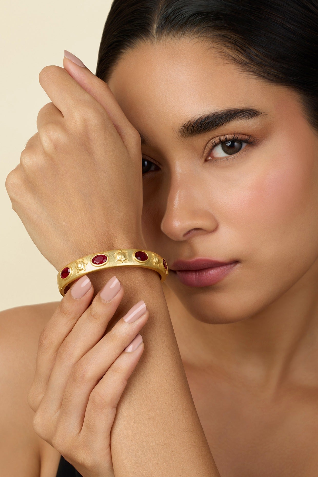 Gold Plated Ruby Oval Hinge Bangle