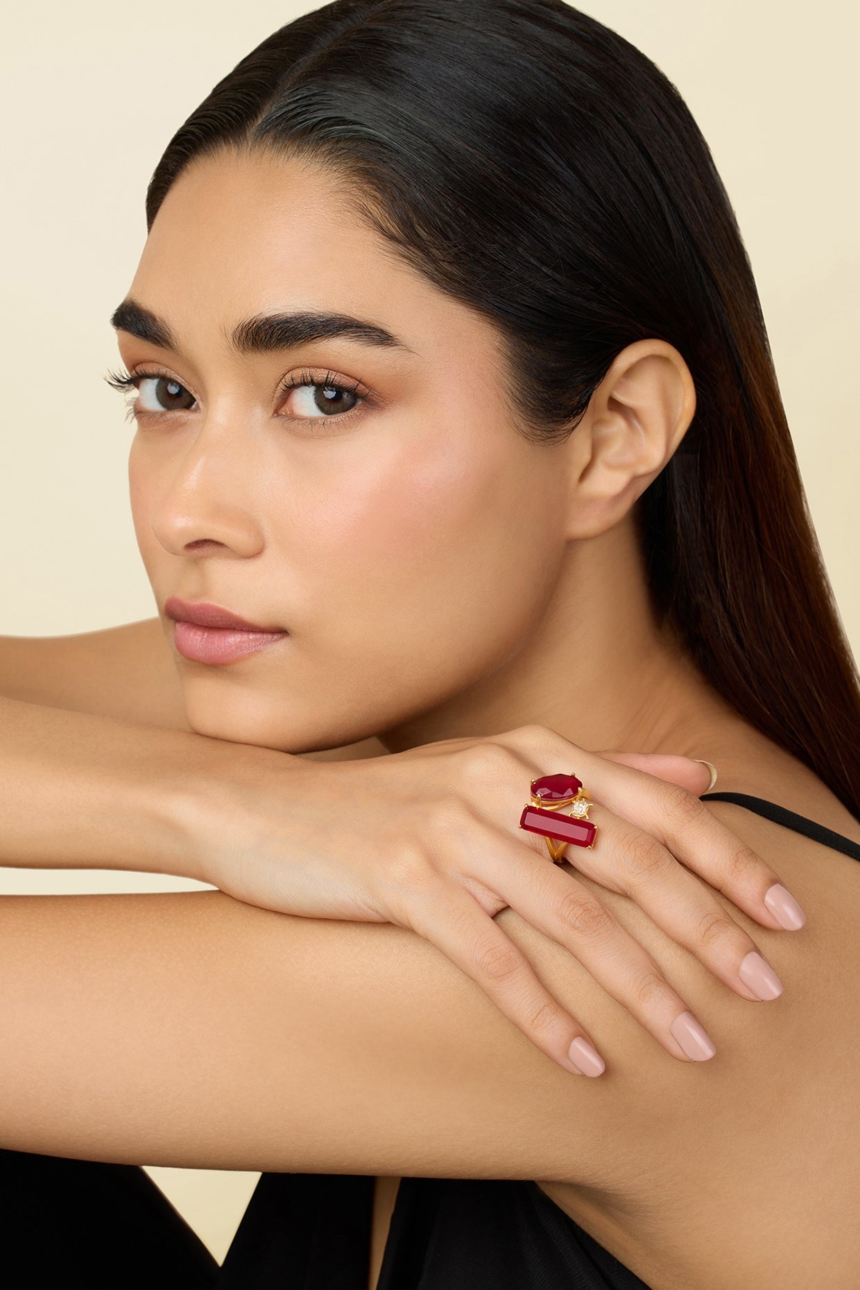 Gold Plated Red Doublet Stone & Amethyst Rosette Ring