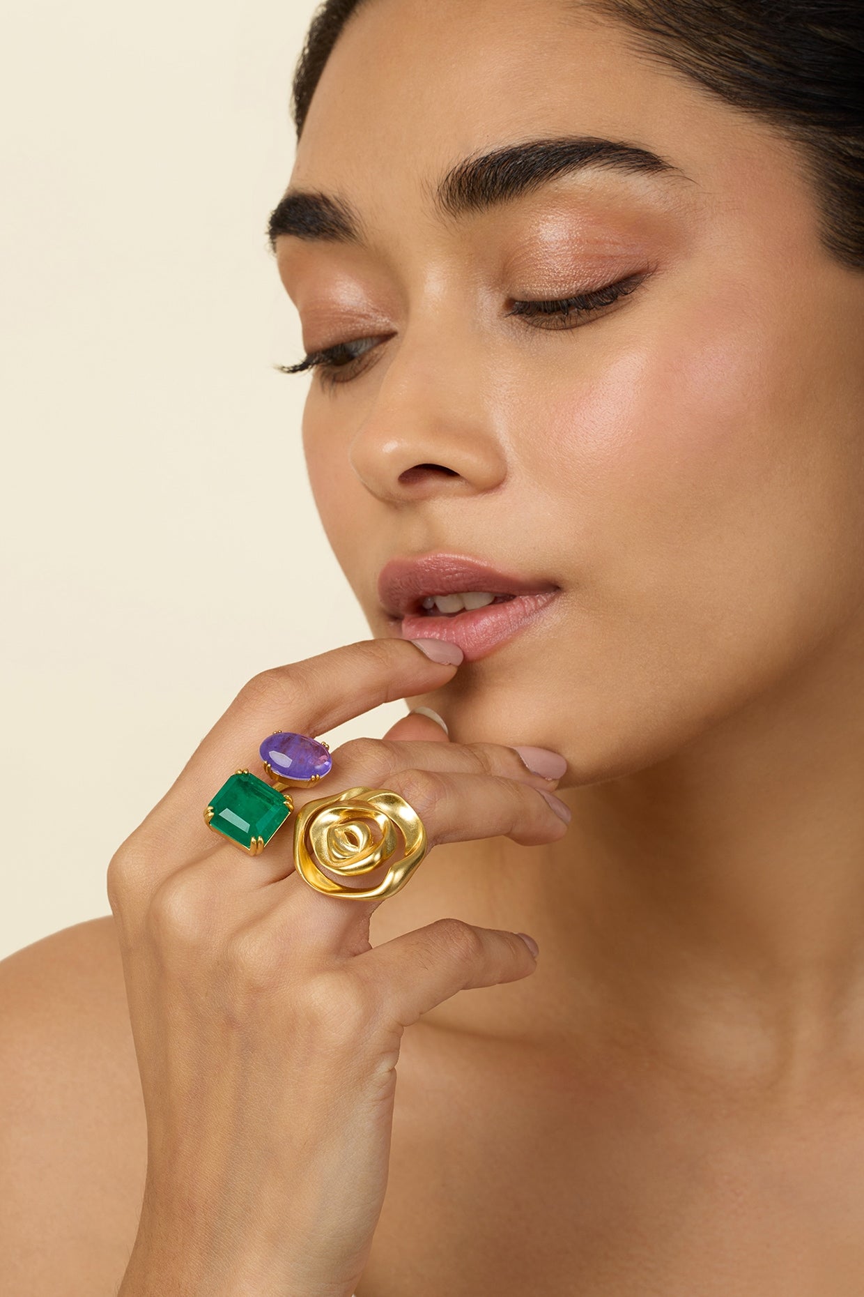 Gold Plated Green Doublet Stone & Purple CZ Rose Ring