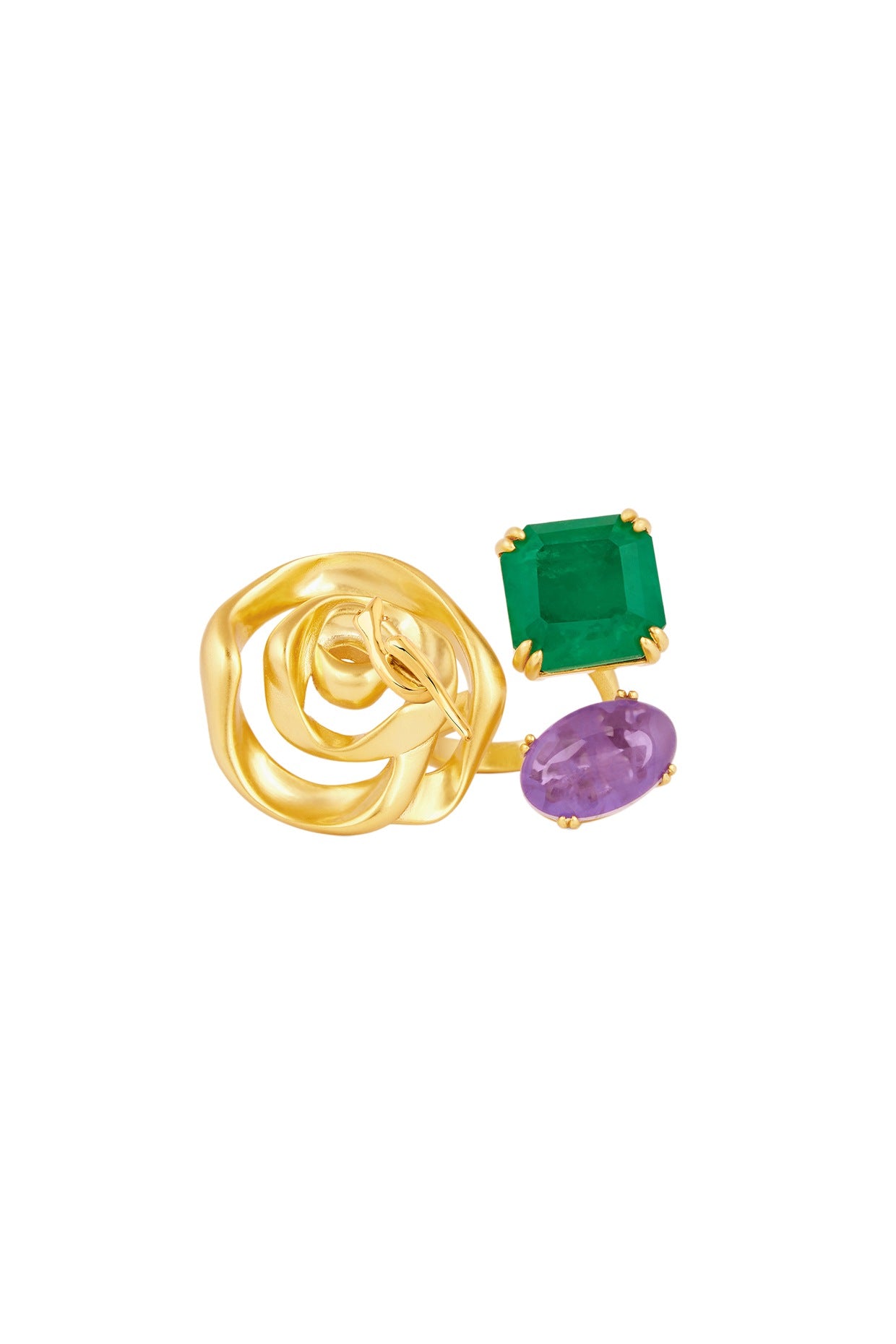 Gold Plated Green Doublet Stone & Purple CZ Rose Ring