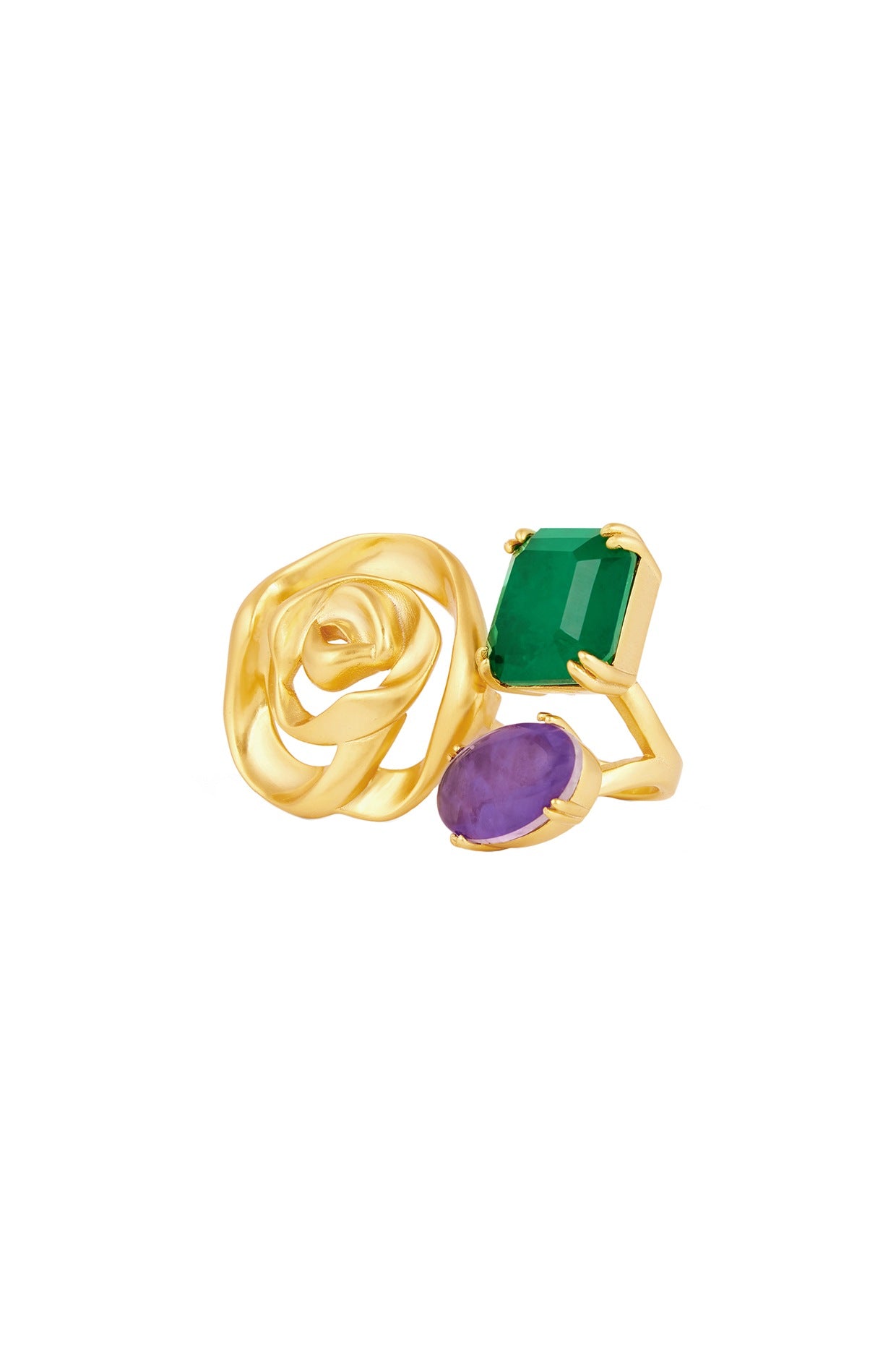 Gold Plated Green Doublet Stone & Purple CZ Rose Ring