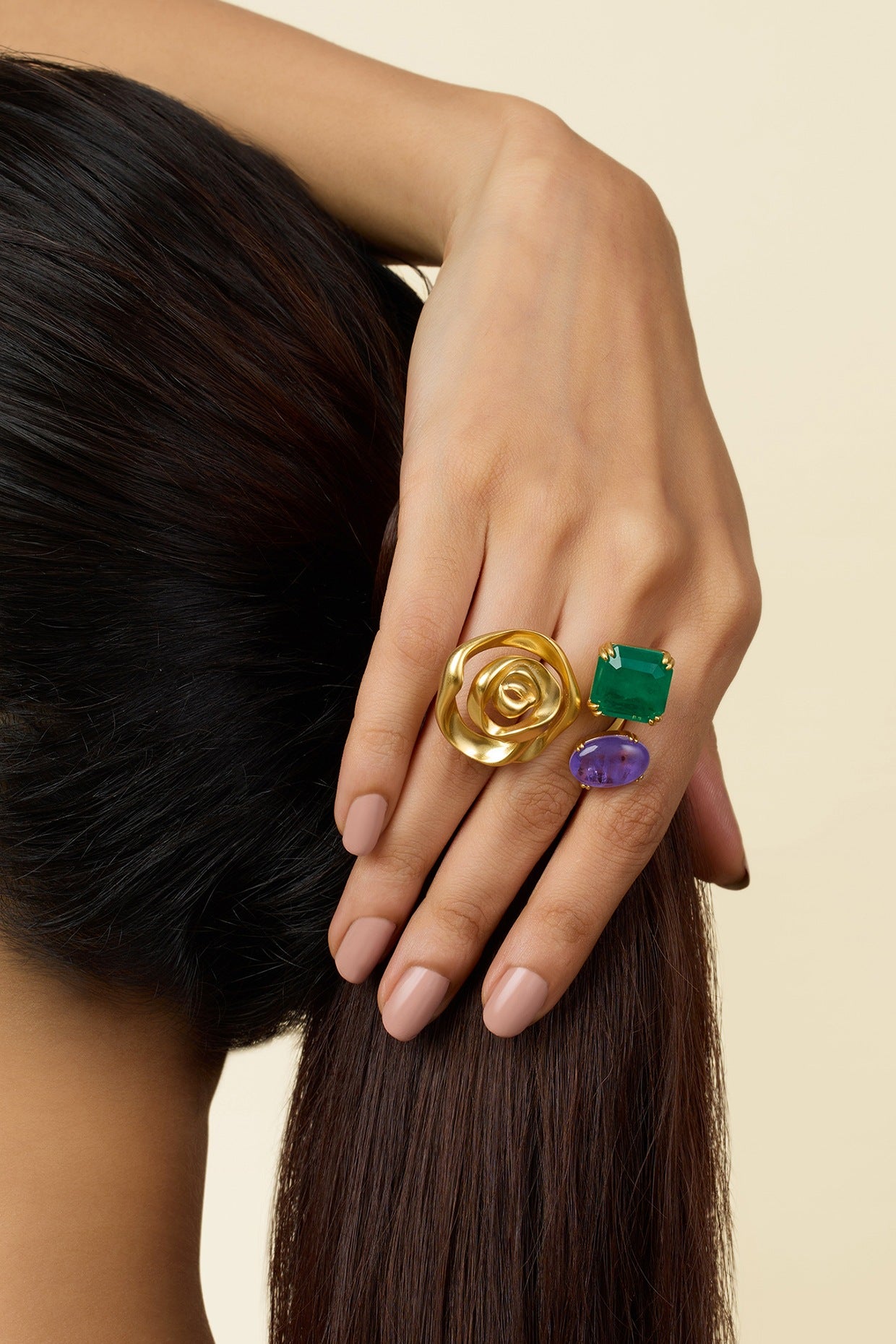 Gold Plated Green Doublet Stone & Purple CZ Rose Ring