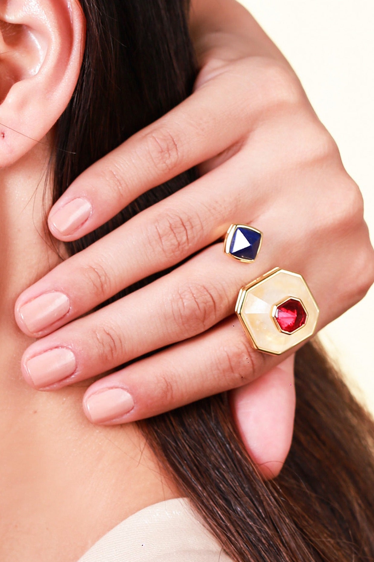 Gold Plated Pink Hydro Stone & Lapis Ring