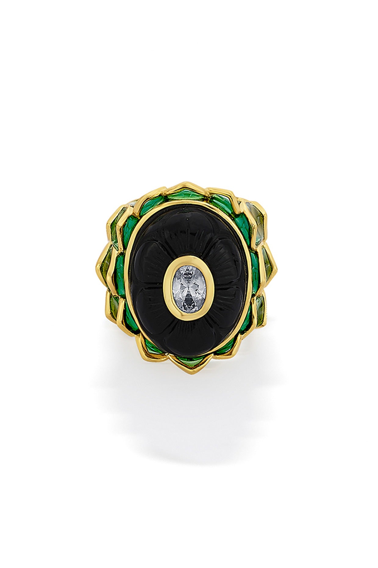 Gold Finish Onyx Lotus Ring