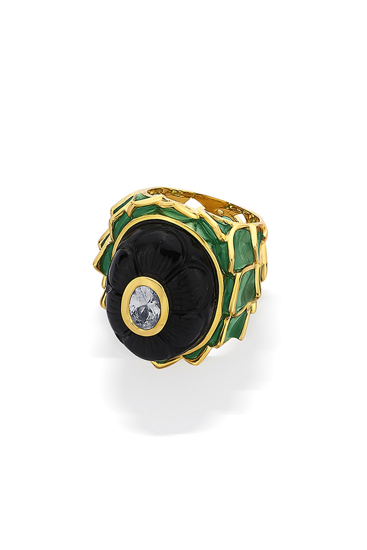 Gold Finish Onyx Lotus Ring