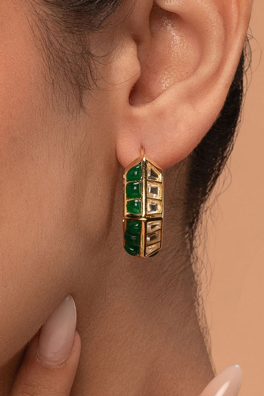 Gold Plated Hydro Emerald & Mirror Hoop Earrings