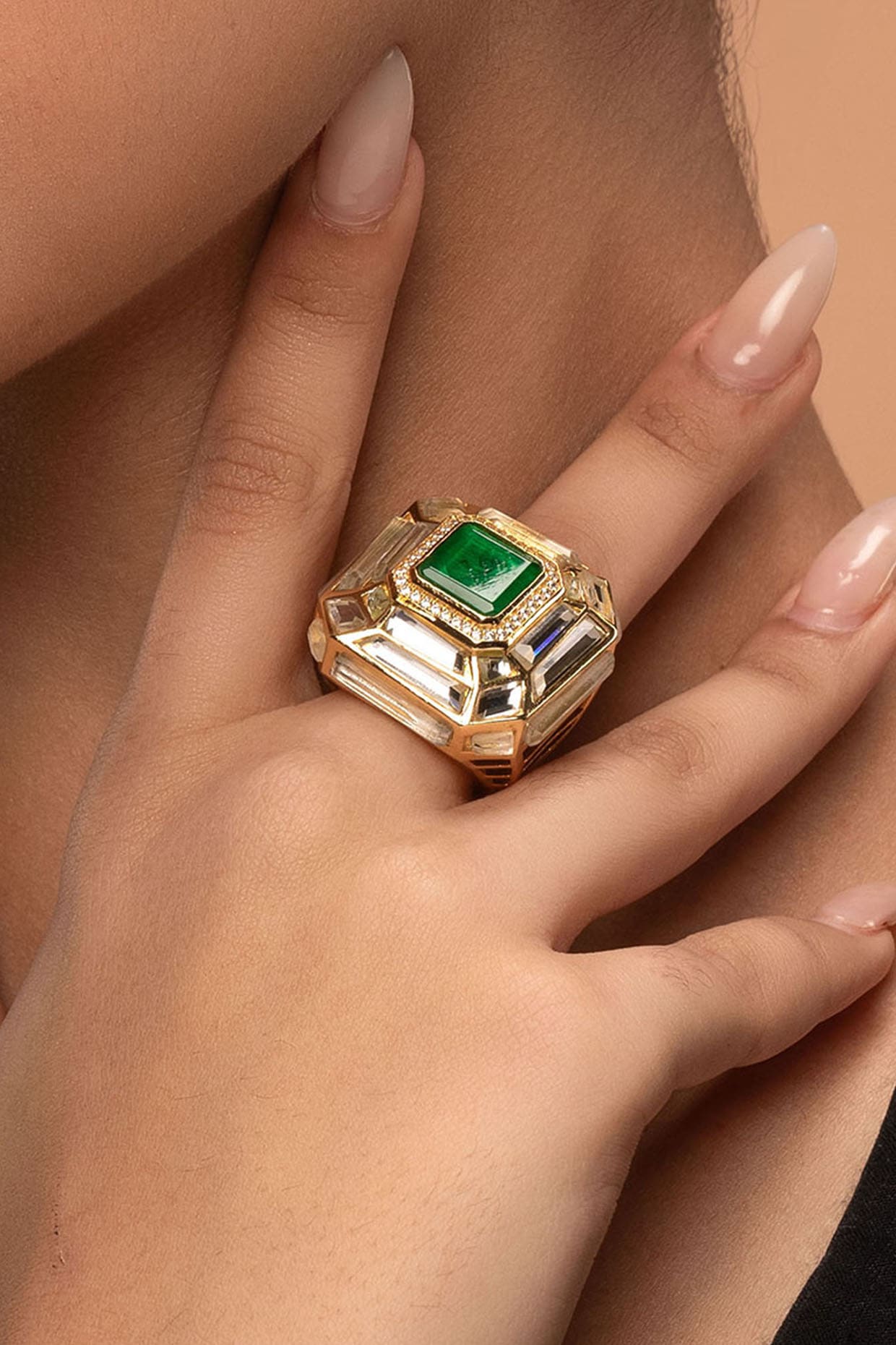 Gold Plated Hydro Emerald & Mirror Ring