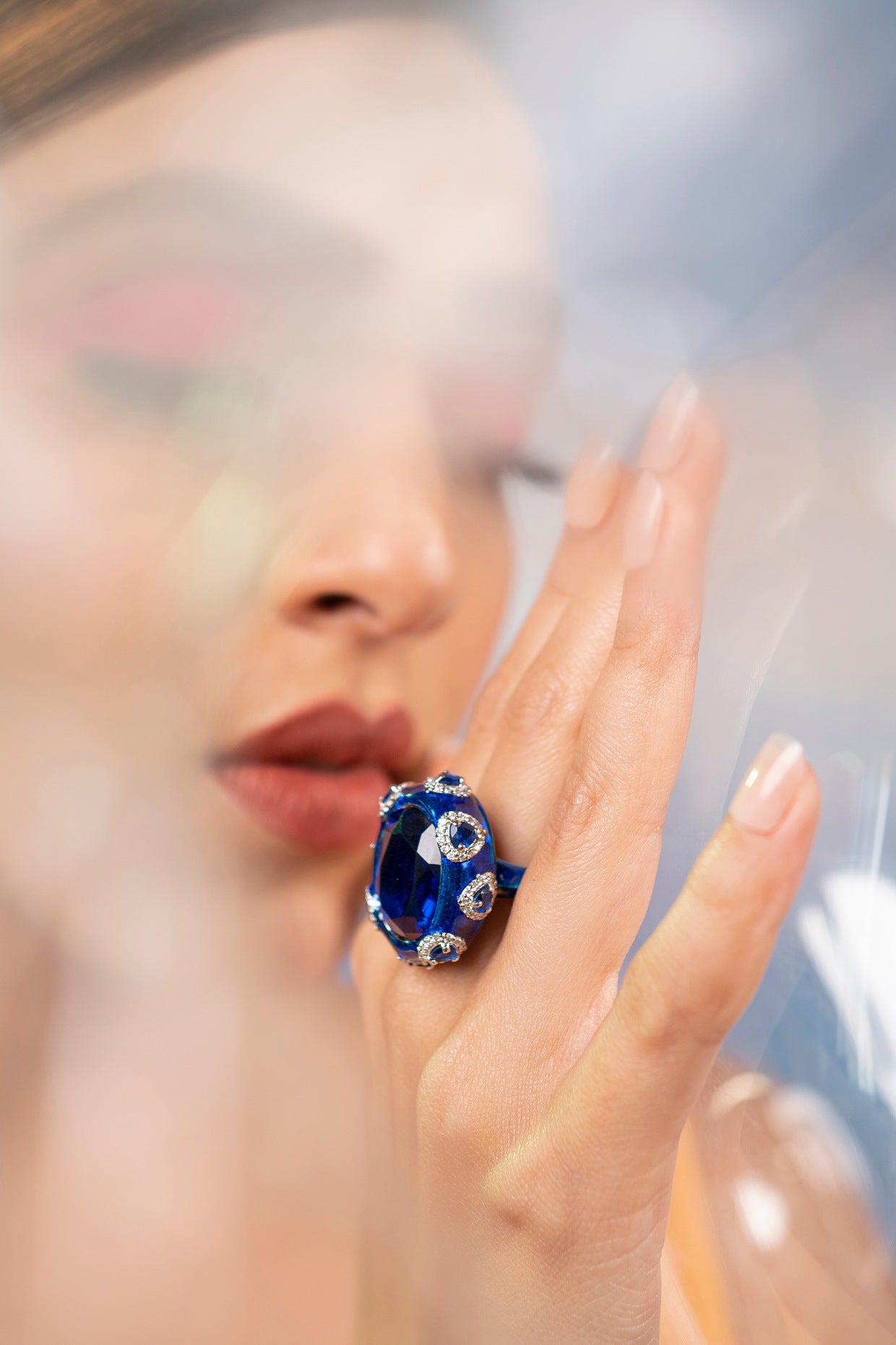 White Finish Blue Sapphire & Swarovski Handcrafted Enameled Ring In Sterling Silver