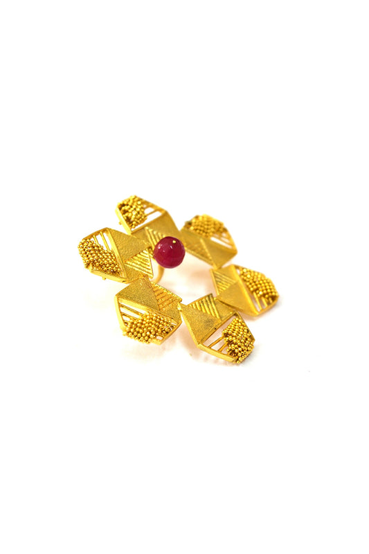 Yellow Gold Finish Hexagon Floral Ring