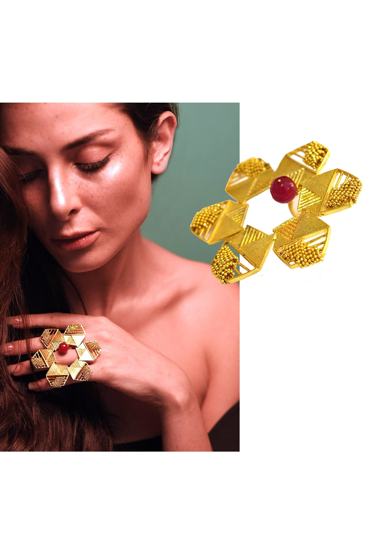 Yellow Gold Finish Hexagon Floral Ring