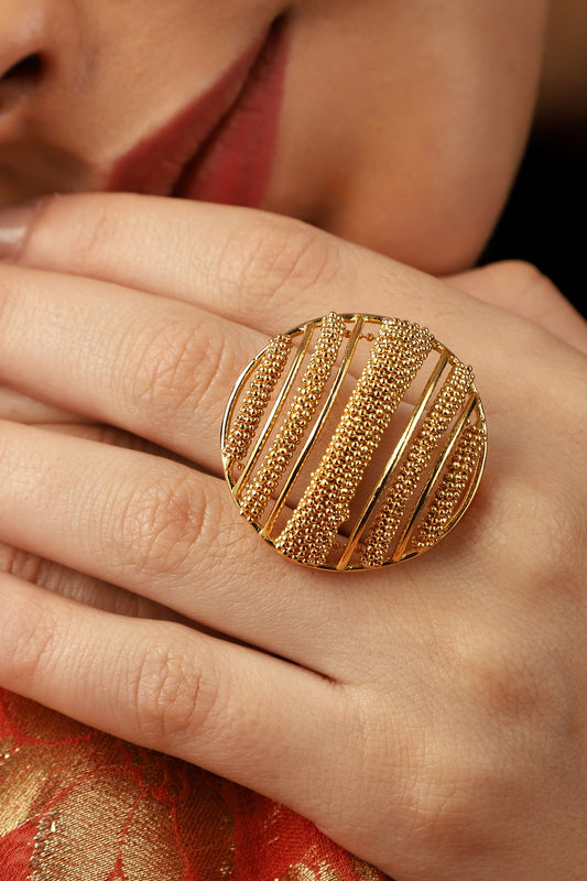 Yellow Gold Finish Striped Orb Handmade Ring