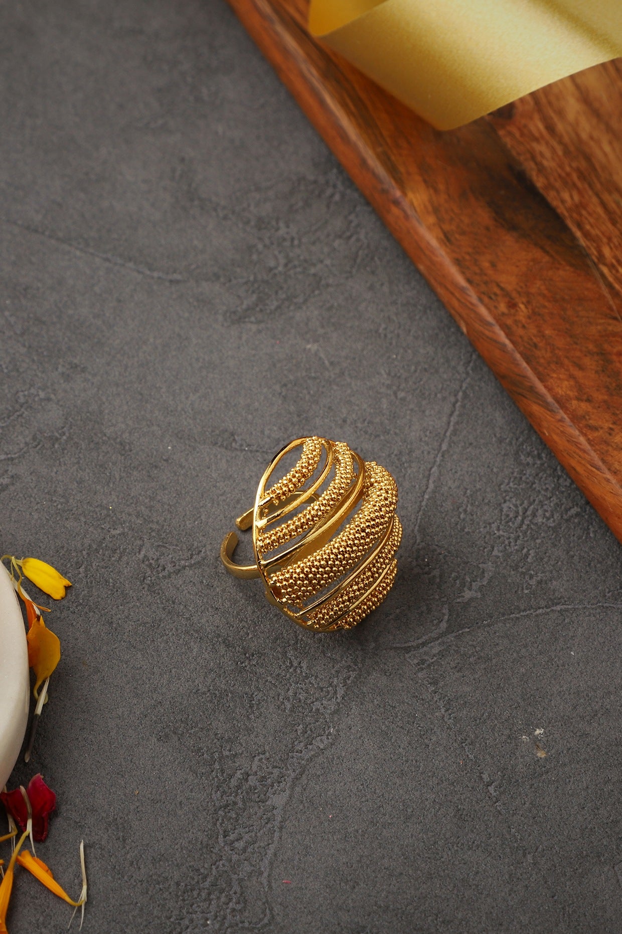 Yellow Gold Finish Striped Orb Handmade Ring