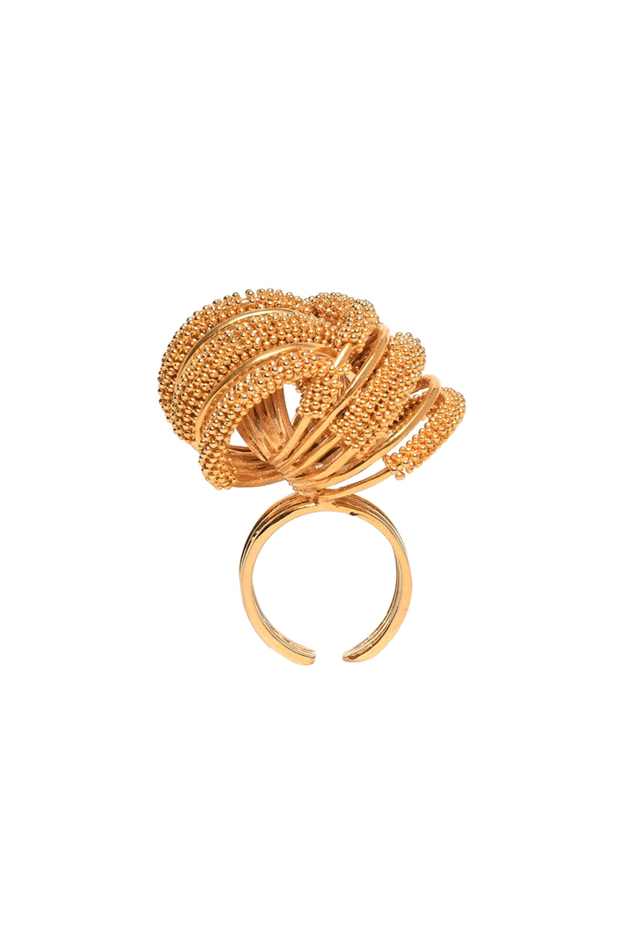 Gold Rhodium Finish Hand-Knotted Ball Chain Embellished Spiral Granthi Ring