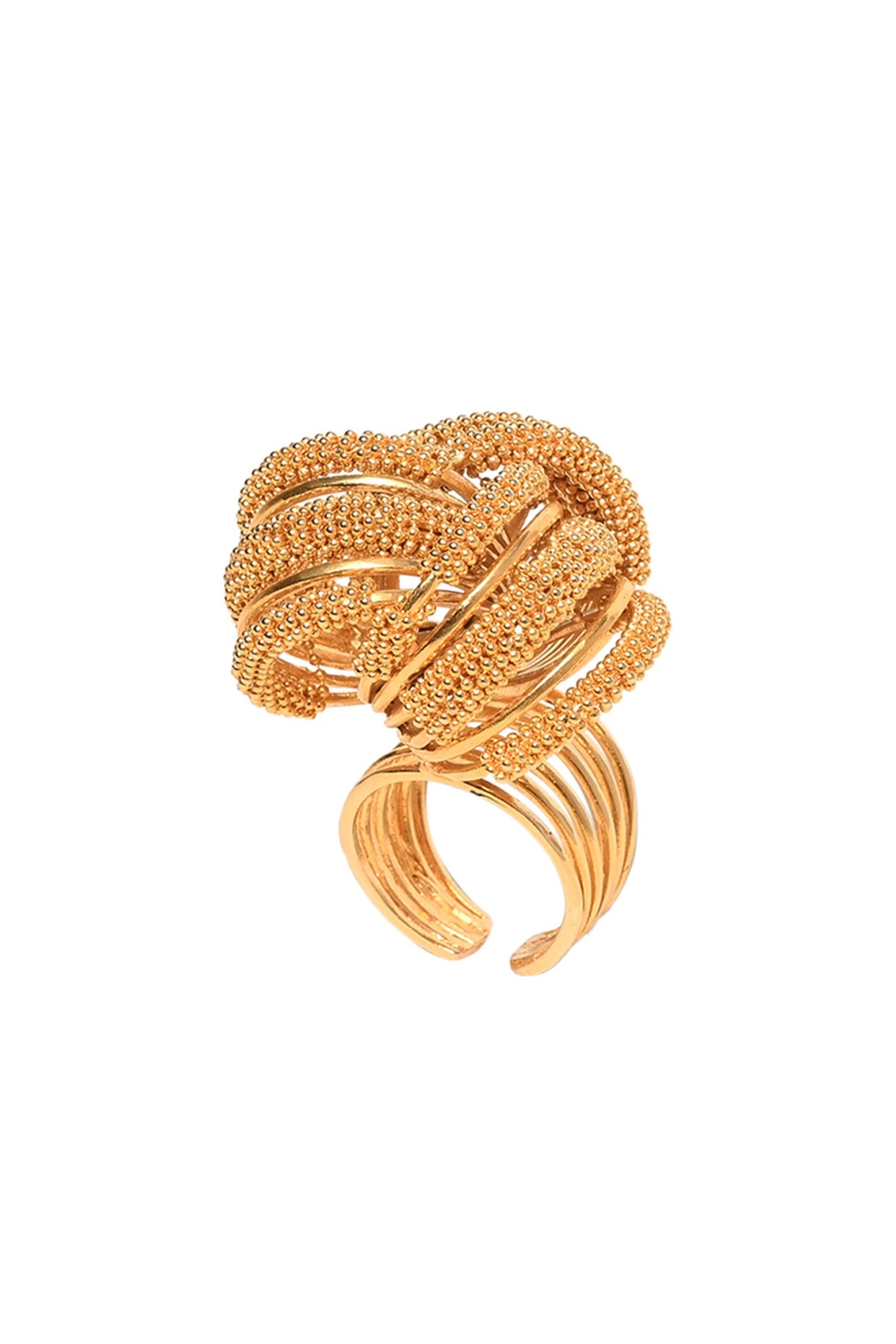 Gold Rhodium Finish Hand-Knotted Ball Chain Embellished Spiral Granthi Ring