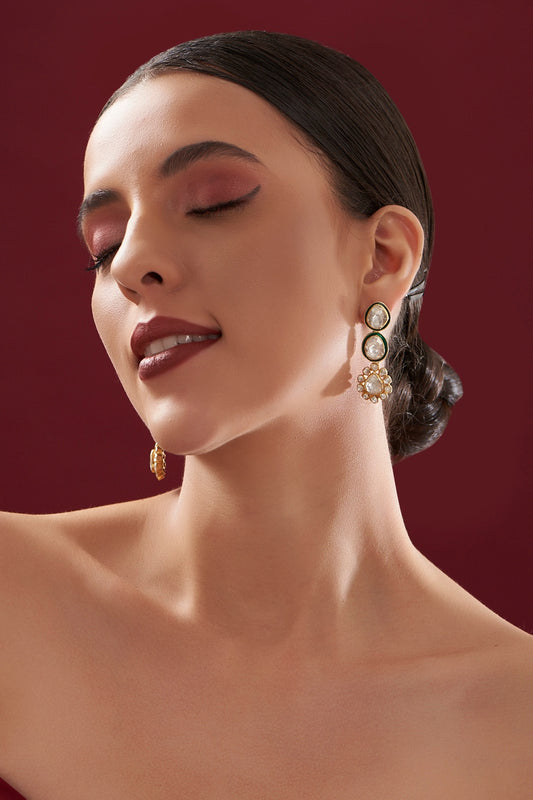 Gold Plated Moissanite Polki Handcrafted Dangler Earrings In Sterling Silver