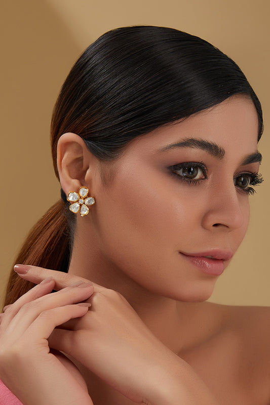 Gold Plated Moissanite Polki Stud Earrings In Sterling Silver