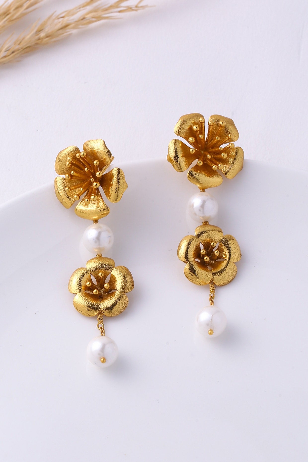 Gold Plated Pearl Periwinkle Earrings