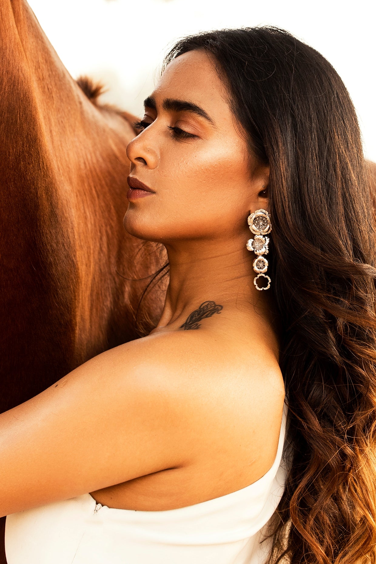 White Finish Textured Dangler Earrings