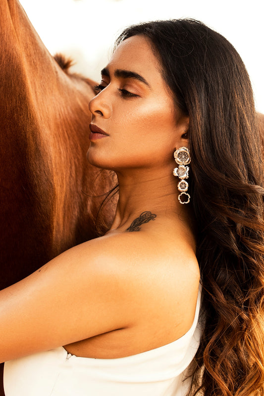 White Finish Textured Dangler Earrings