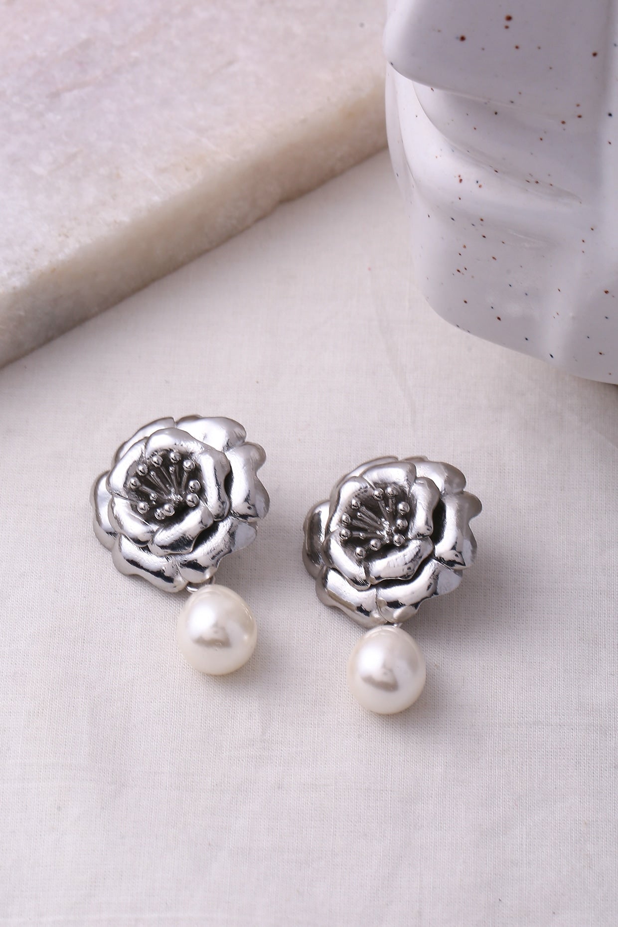 Silver Finish Rose Stud Earrings