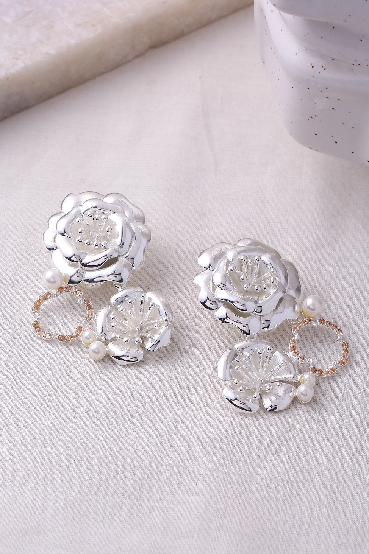 Silver Finish Pearl Floral Stud Earrings