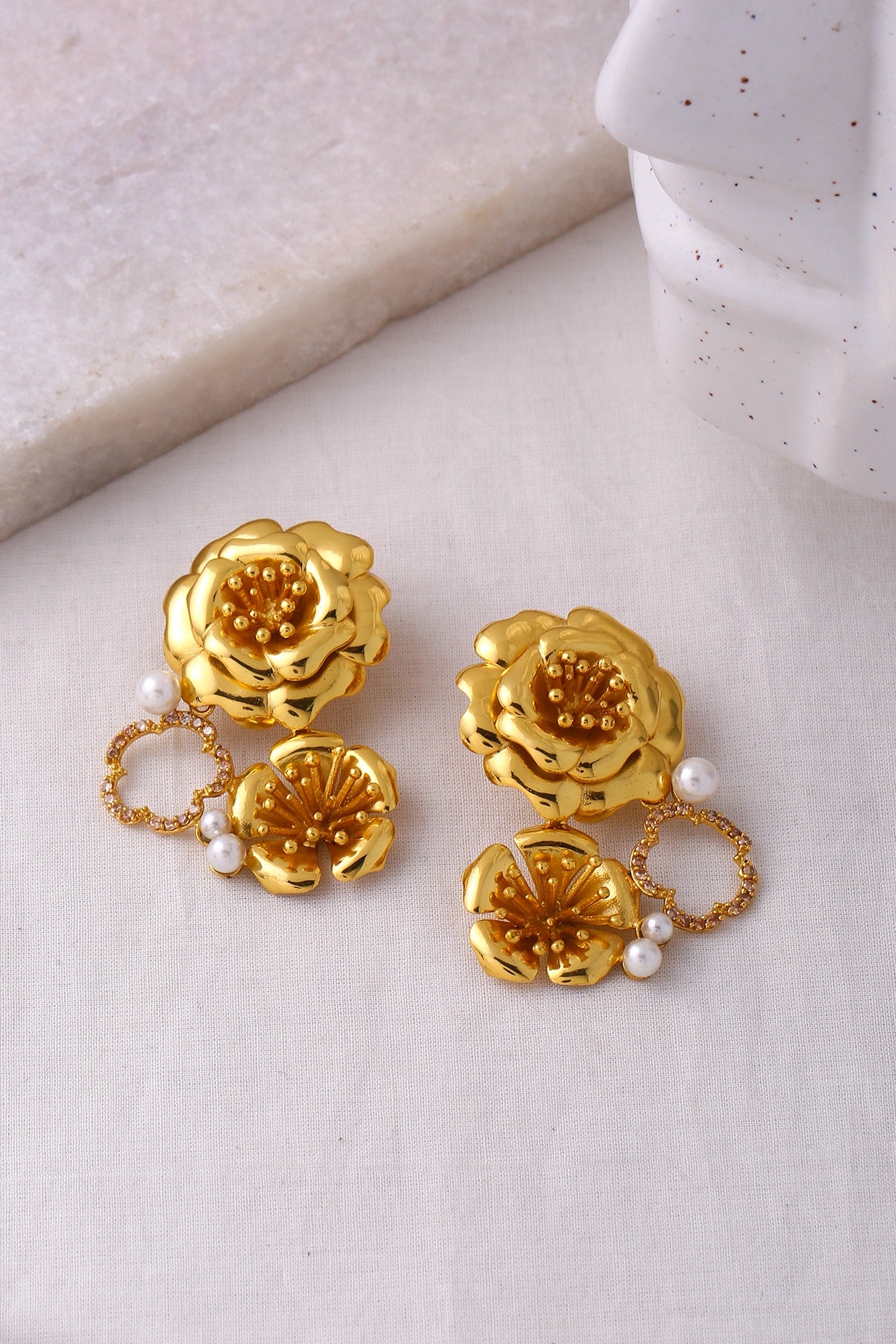 Gold Finish Pearl Floral Stud Earrings