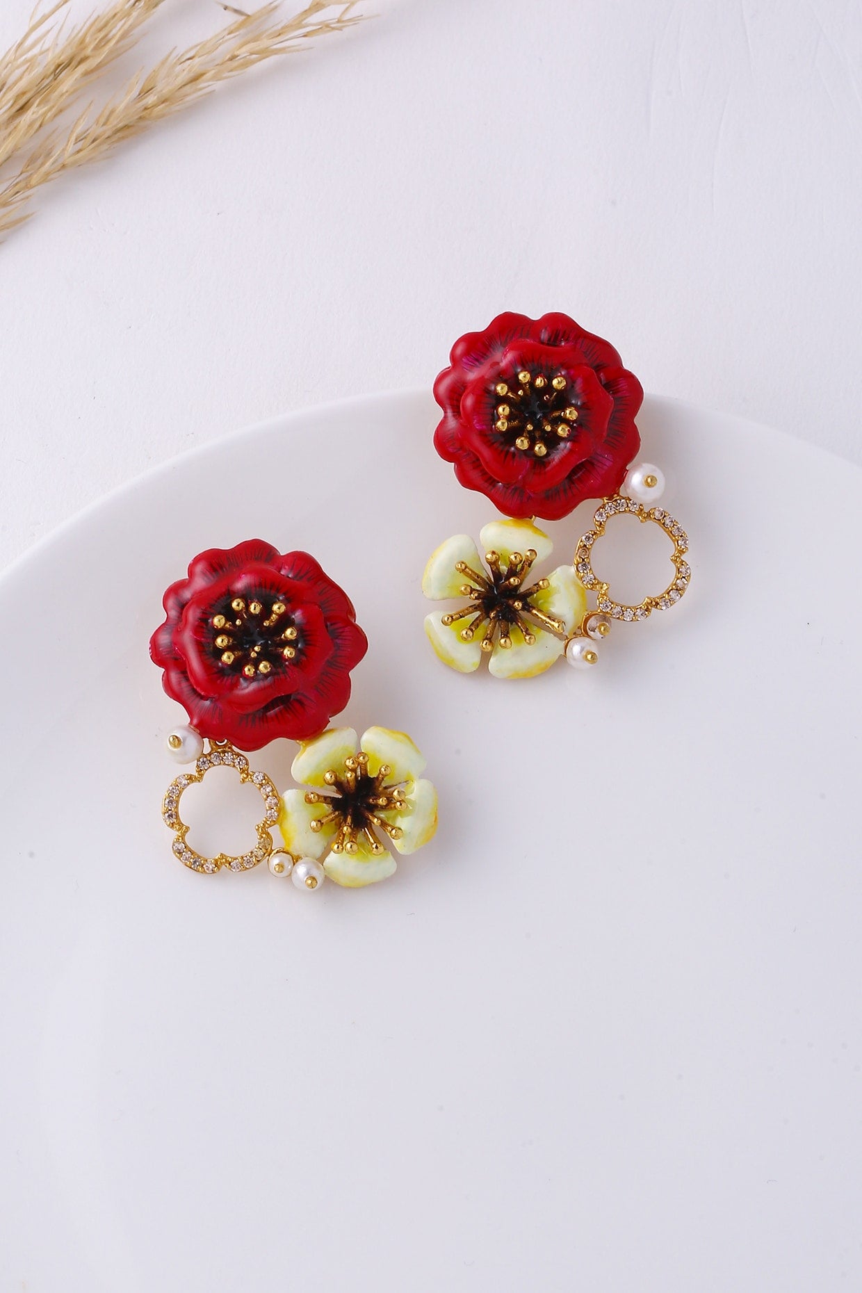 Gold Finish Pearl Floral Enameled Dangler Earrings