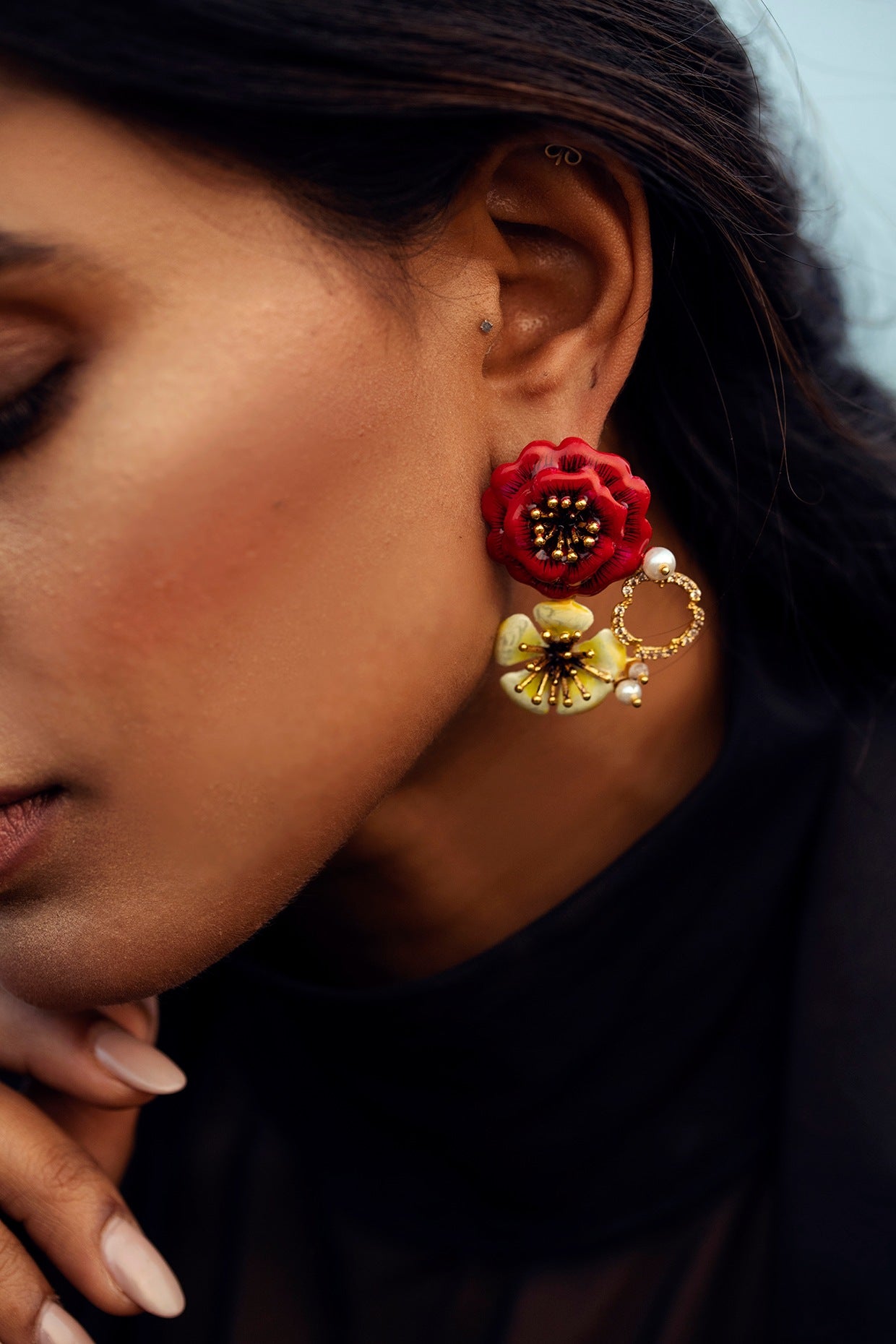 Gold Finish Pearl Floral Enameled Dangler Earrings