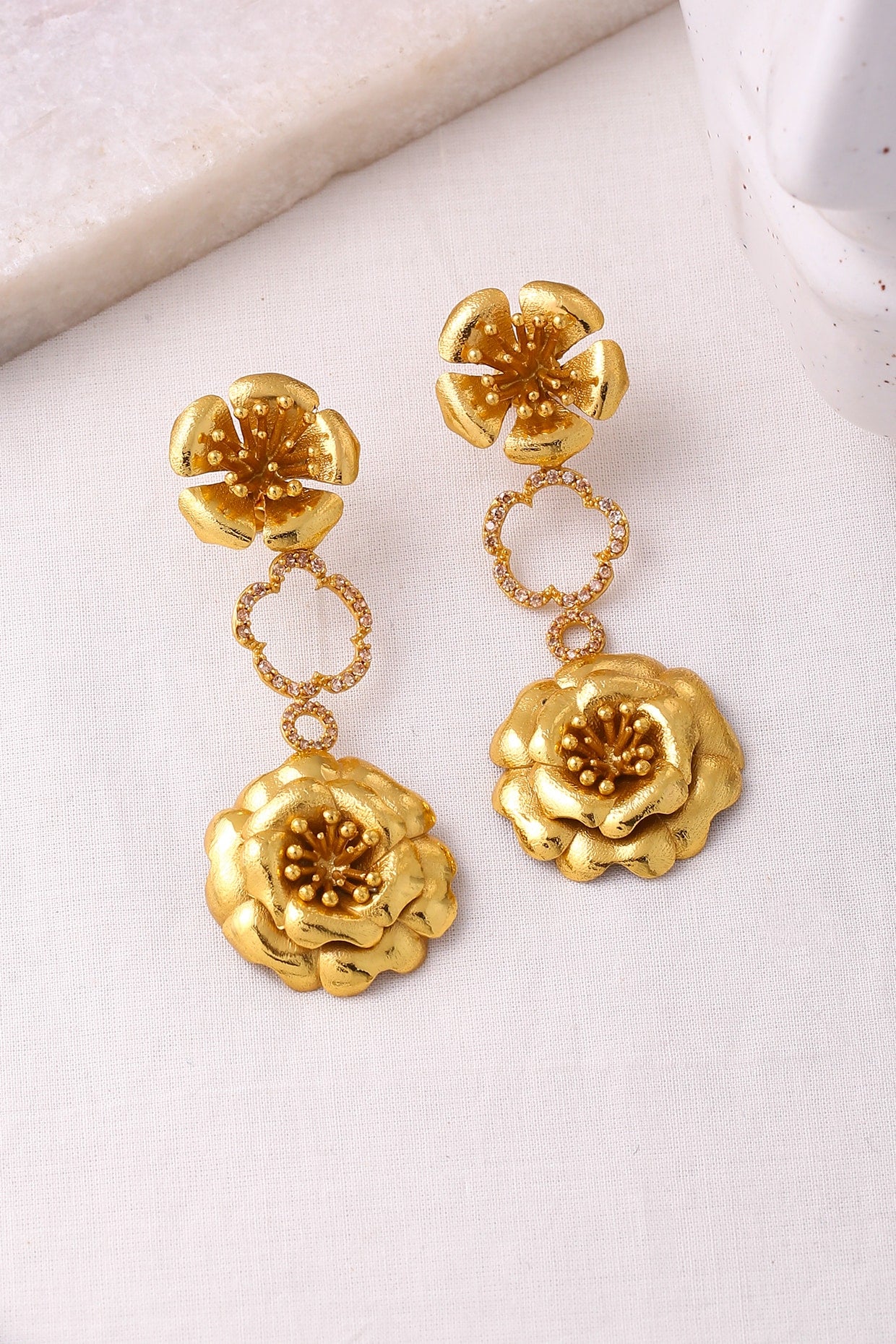 Gold Finish Floral Dangler Earrings