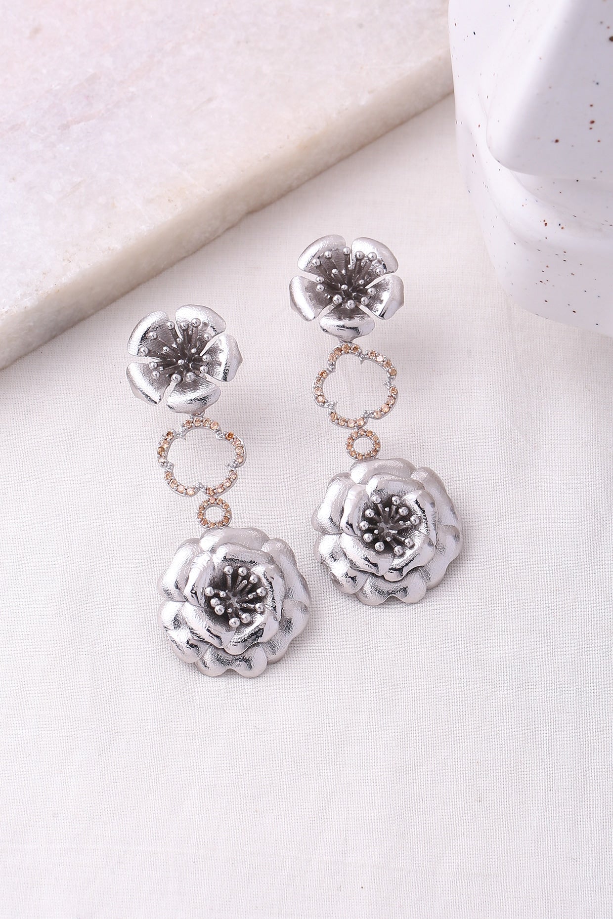 White Finish Floral Dangler Earrings