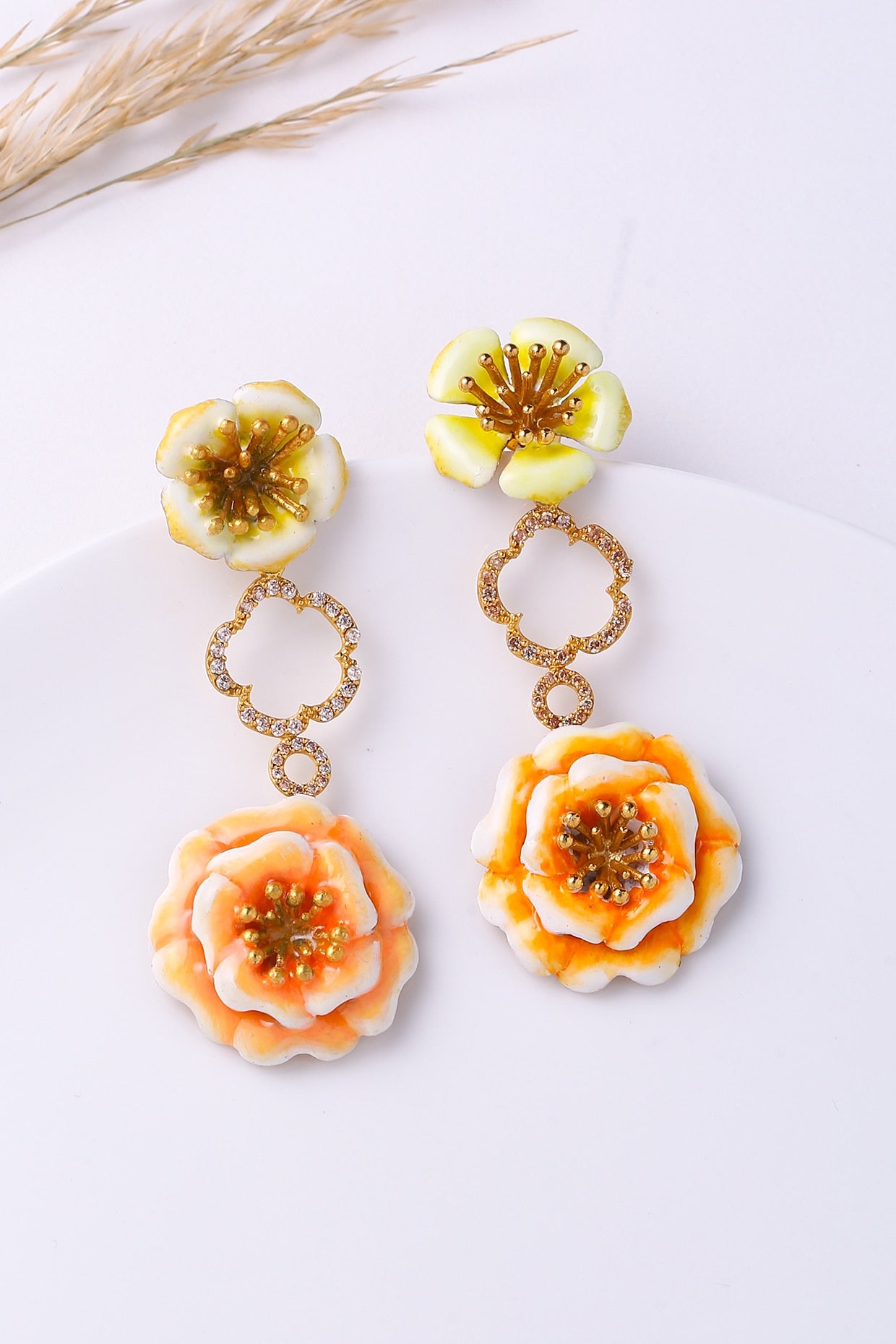 Gold Finish Enameled Floral Dangler Earrings