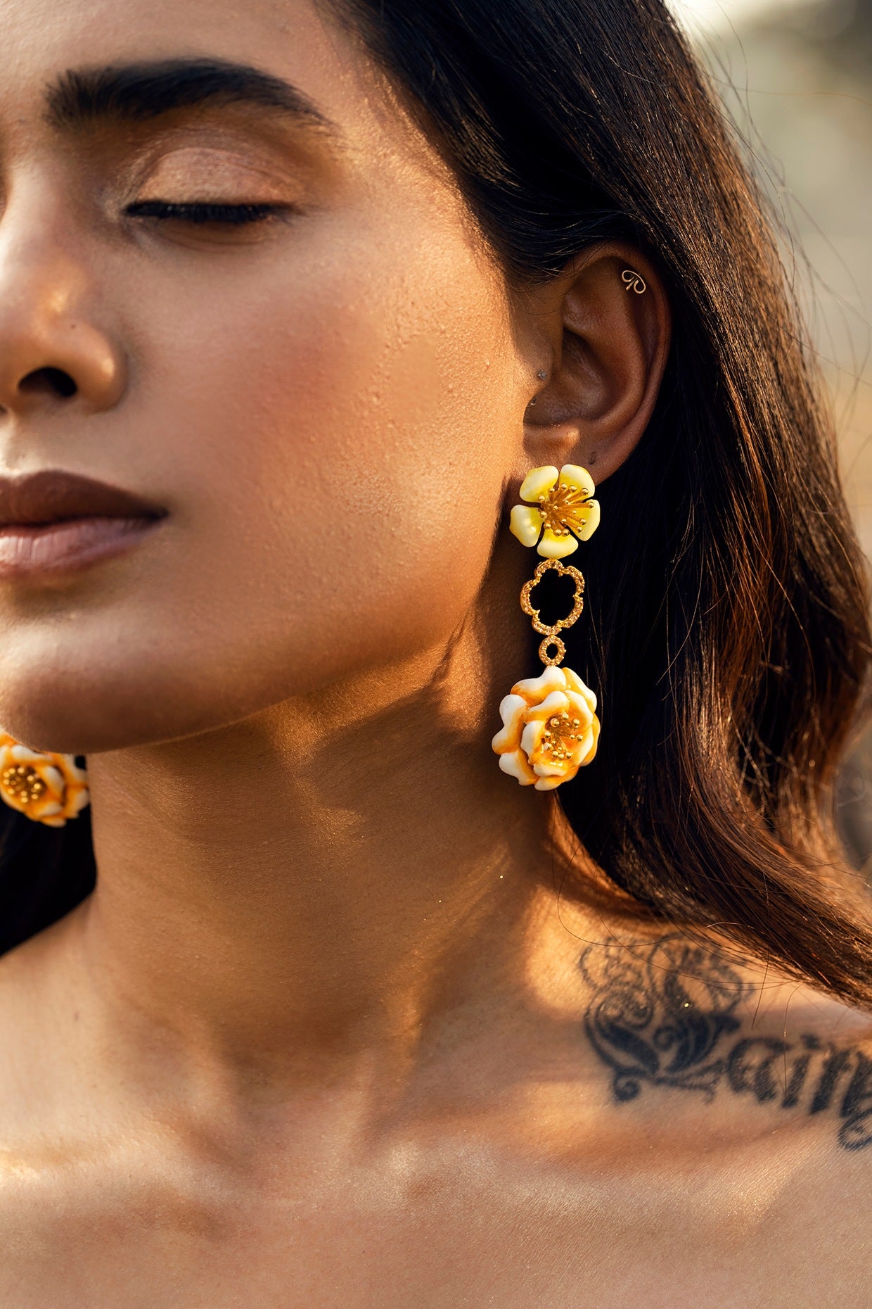 Gold Finish Enameled Floral Dangler Earrings