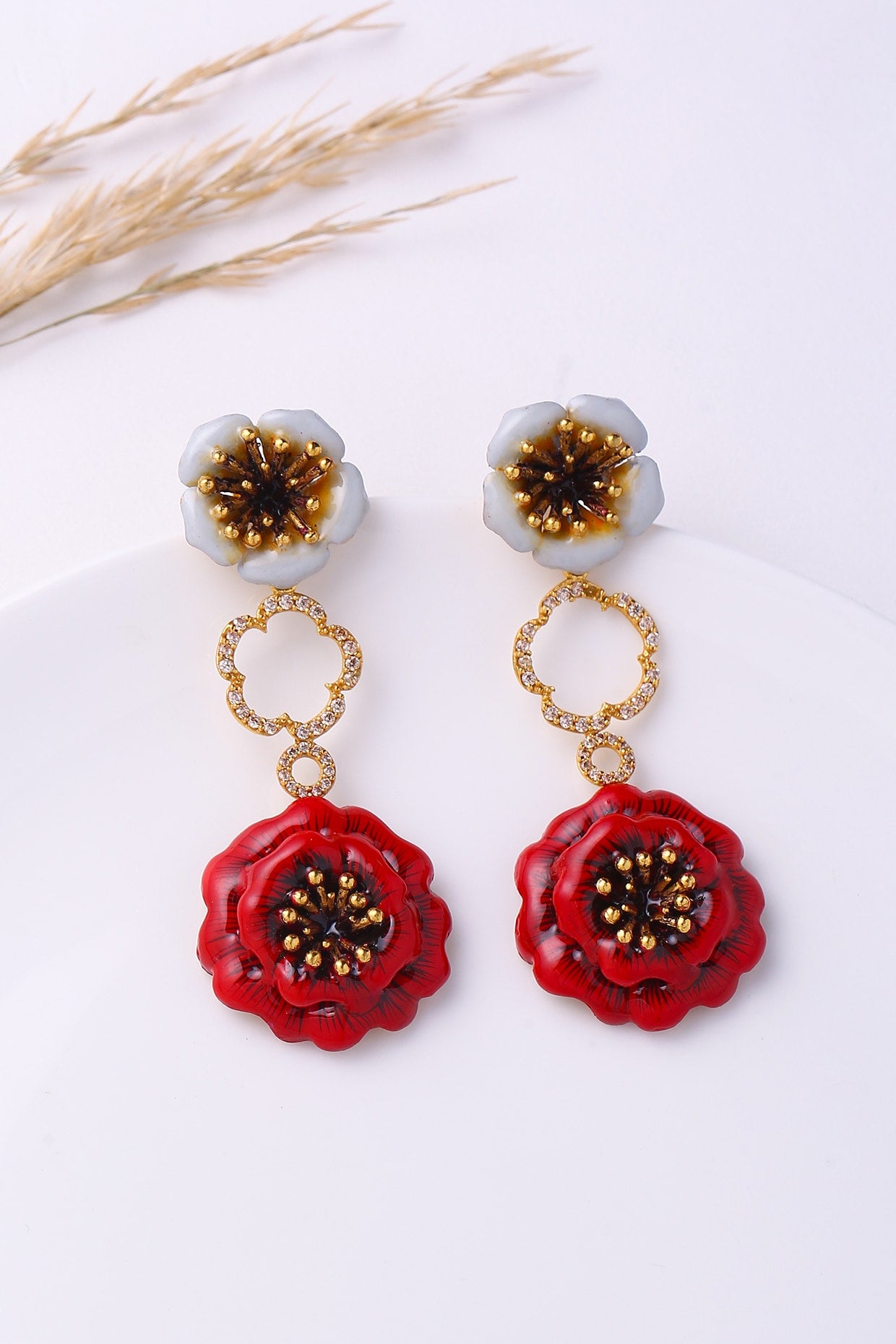 Gold Finish Enameled Floral Dangler Earrings