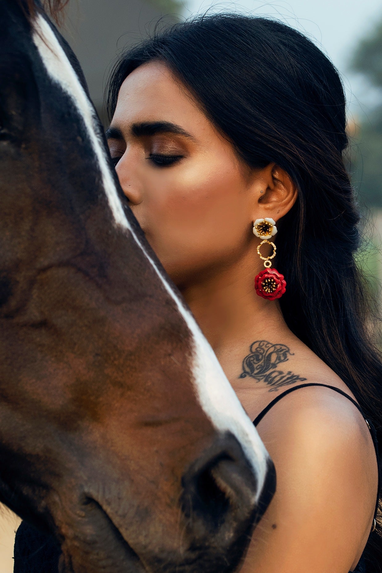 Gold Finish Enameled Floral Dangler Earrings