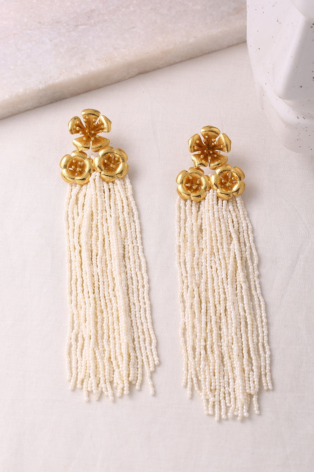 Gold Plated White Tassel Dangler Earrings