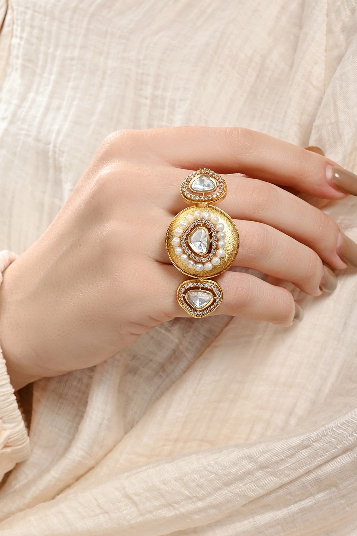 Gold Plated Kundan Polki & Pearl Ring