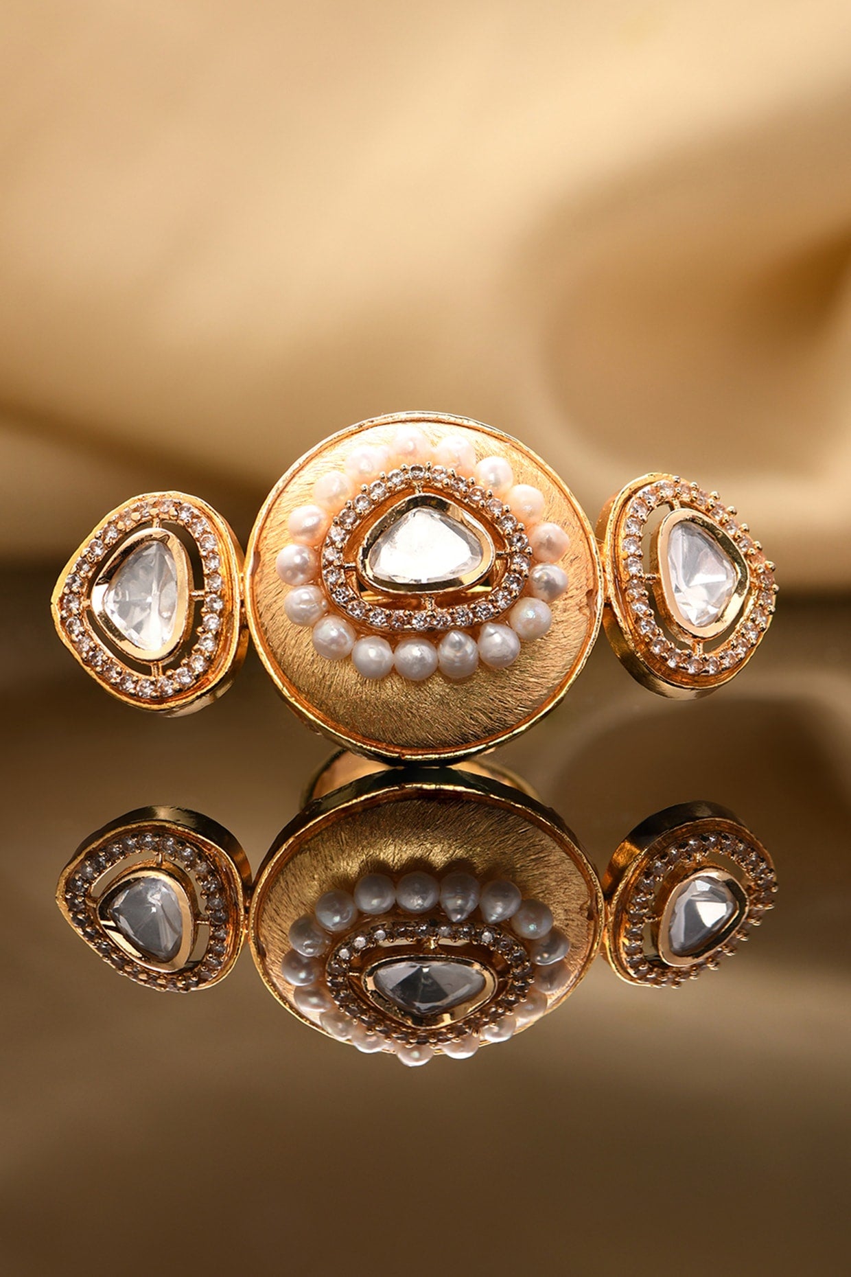 Gold Plated Kundan Polki & Pearl Ring