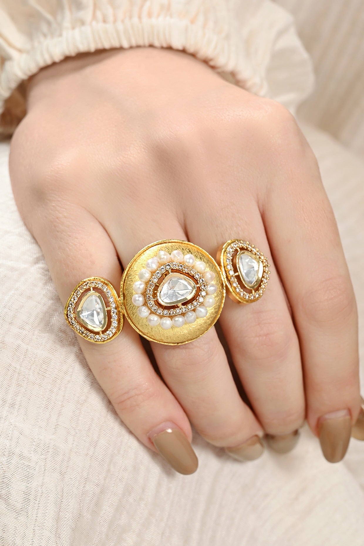 Gold Plated Kundan Polki & Pearl Ring