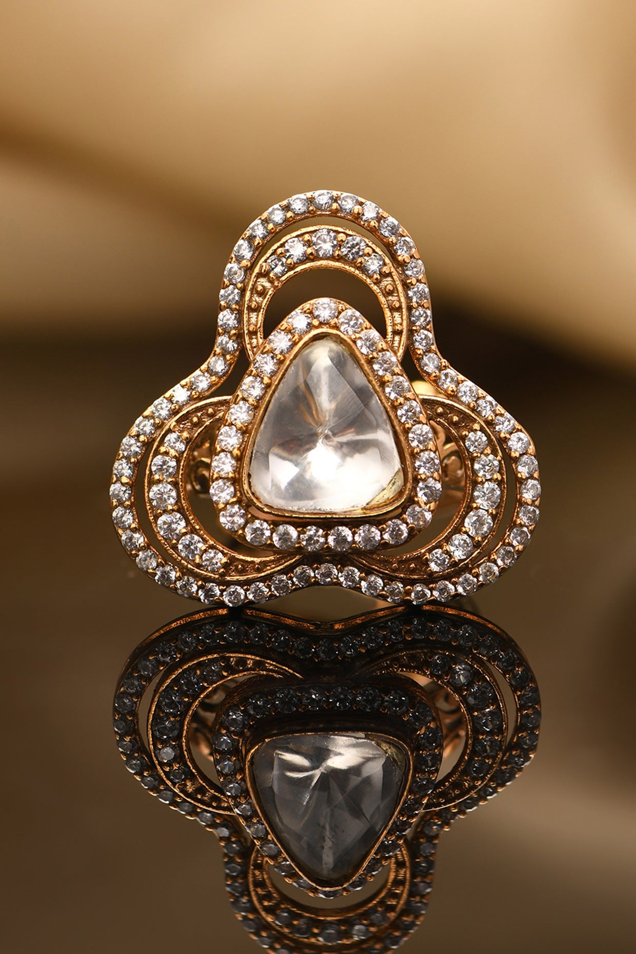 Gold Plated Kundan Polki & Zircon Ring