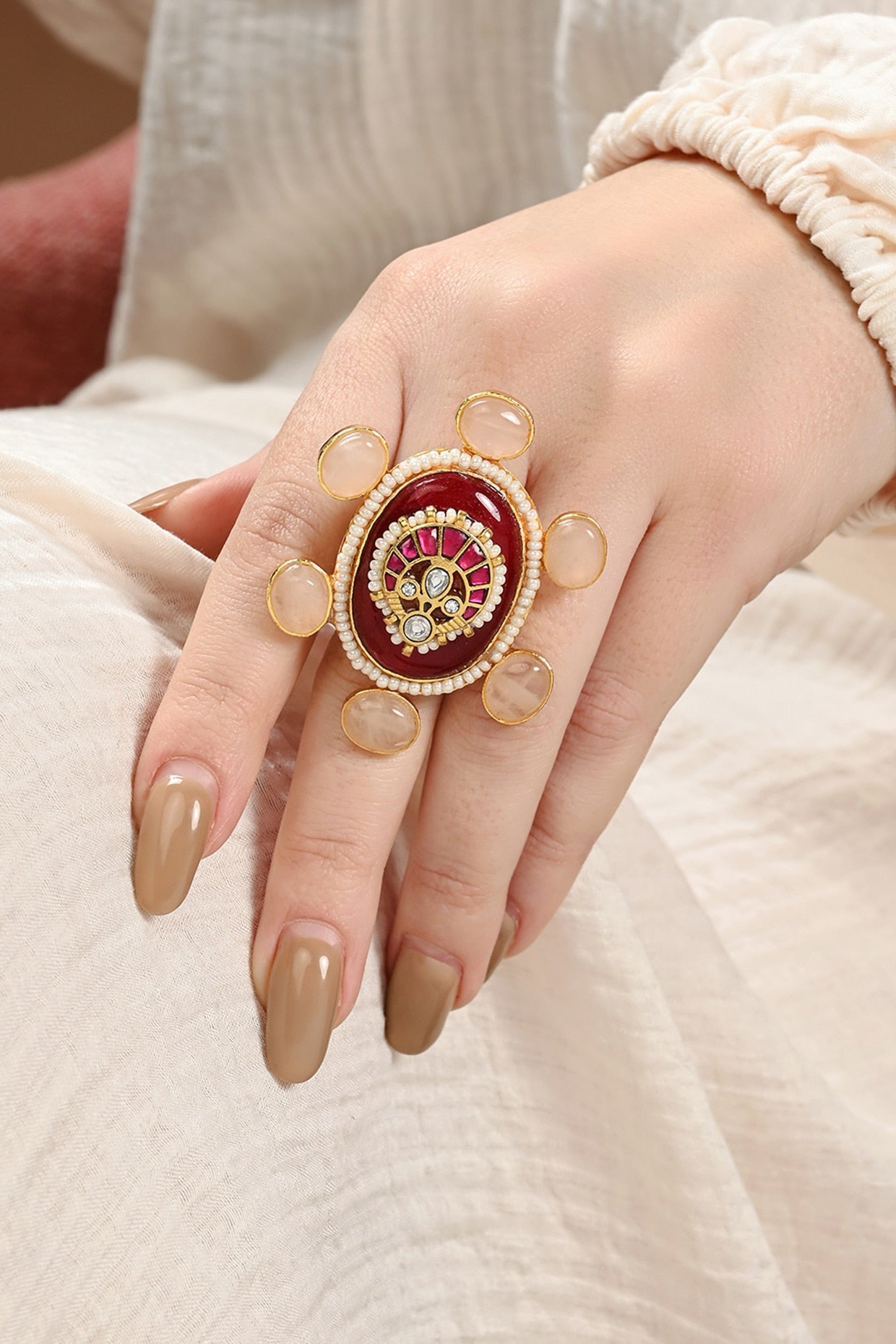 Gold Plated Red Agate & Kundan Polki Ring