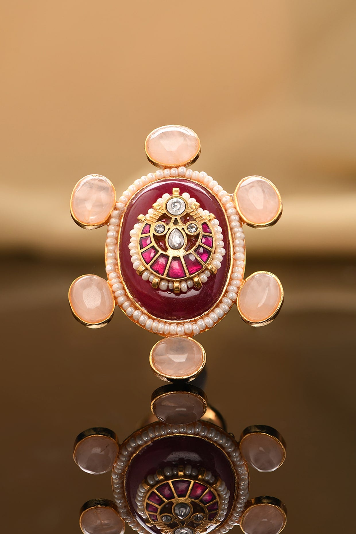 Gold Plated Red Agate & Kundan Polki Ring