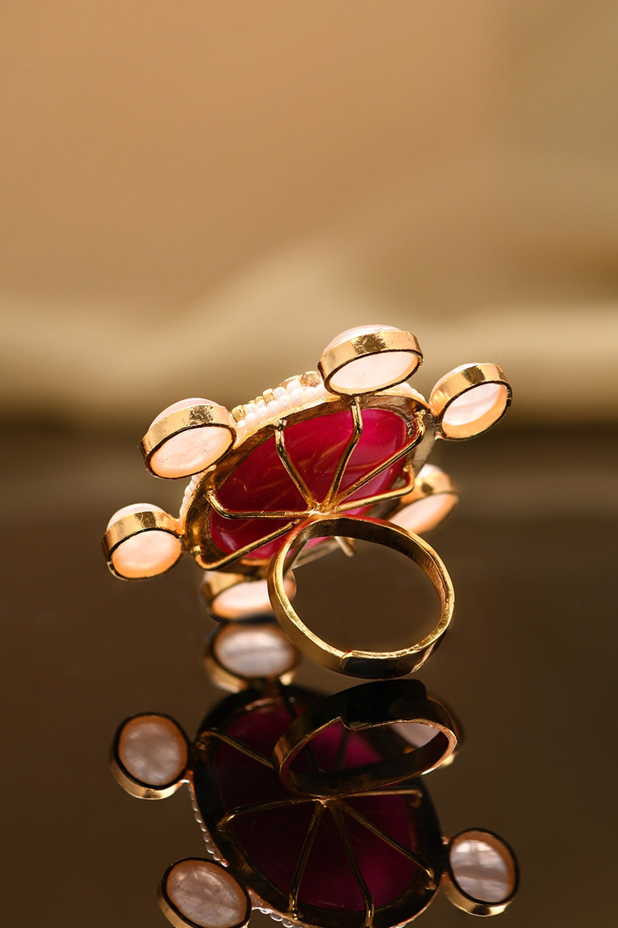 Gold Plated Red Agate & Kundan Polki Ring