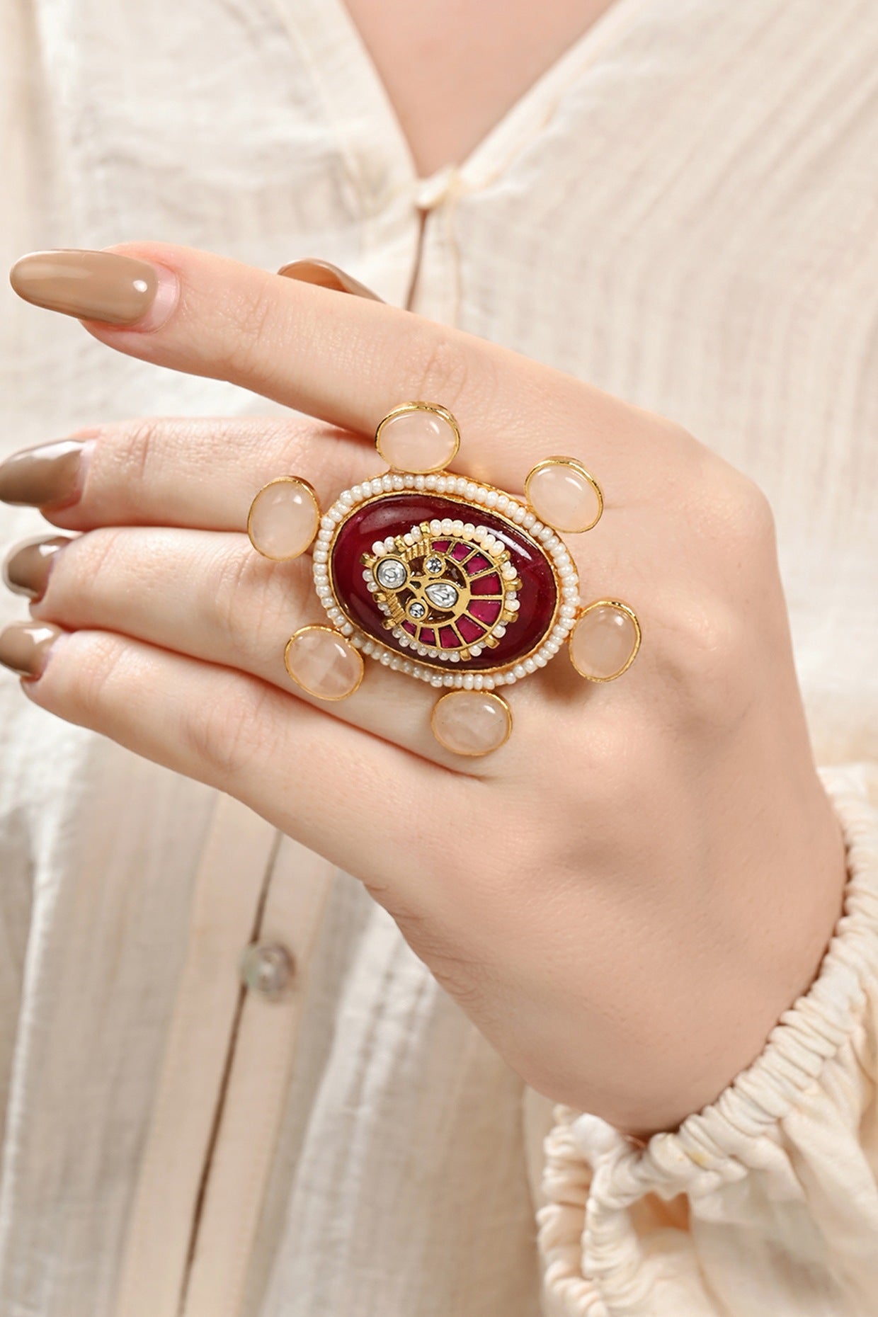 Gold Plated Red Agate & Kundan Polki Ring