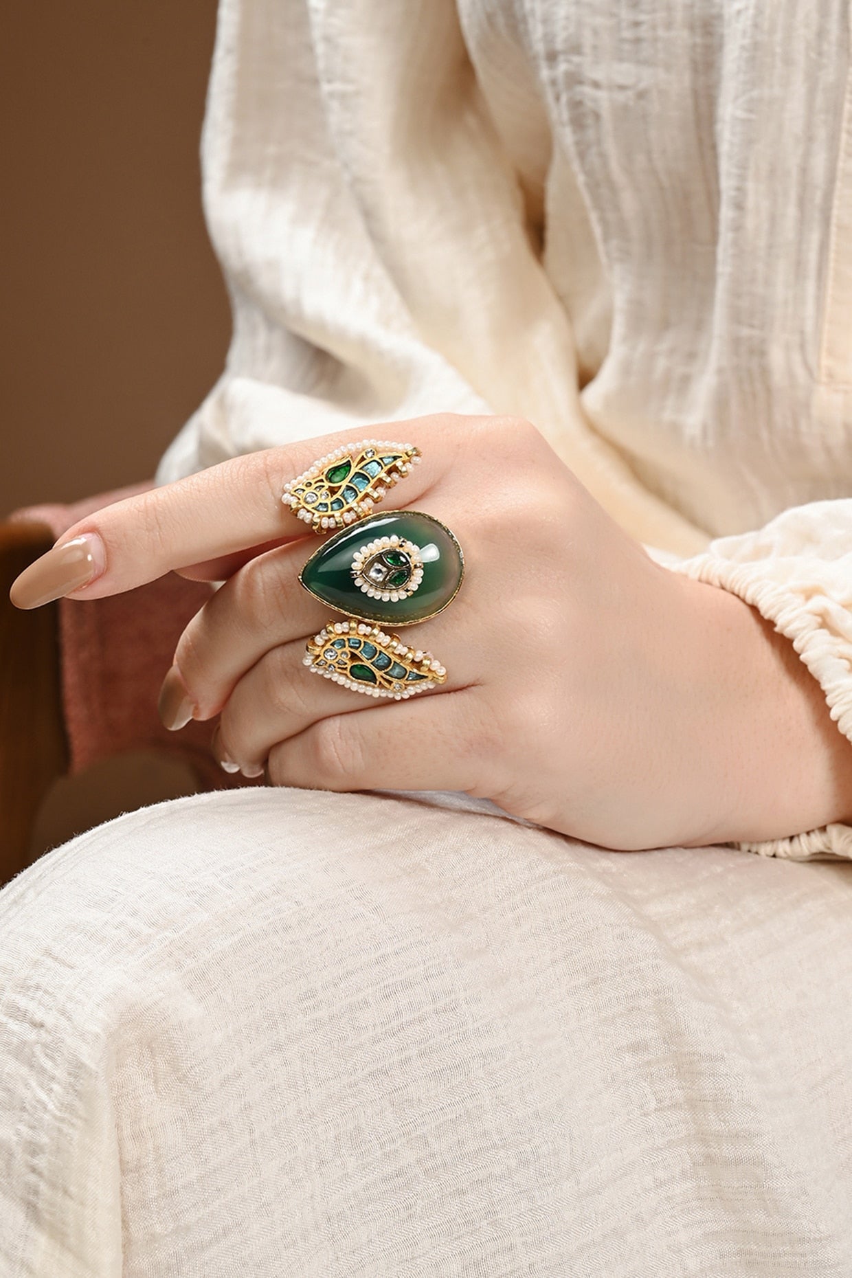 Gold Plated Green Agate & Kundan Polki Ring